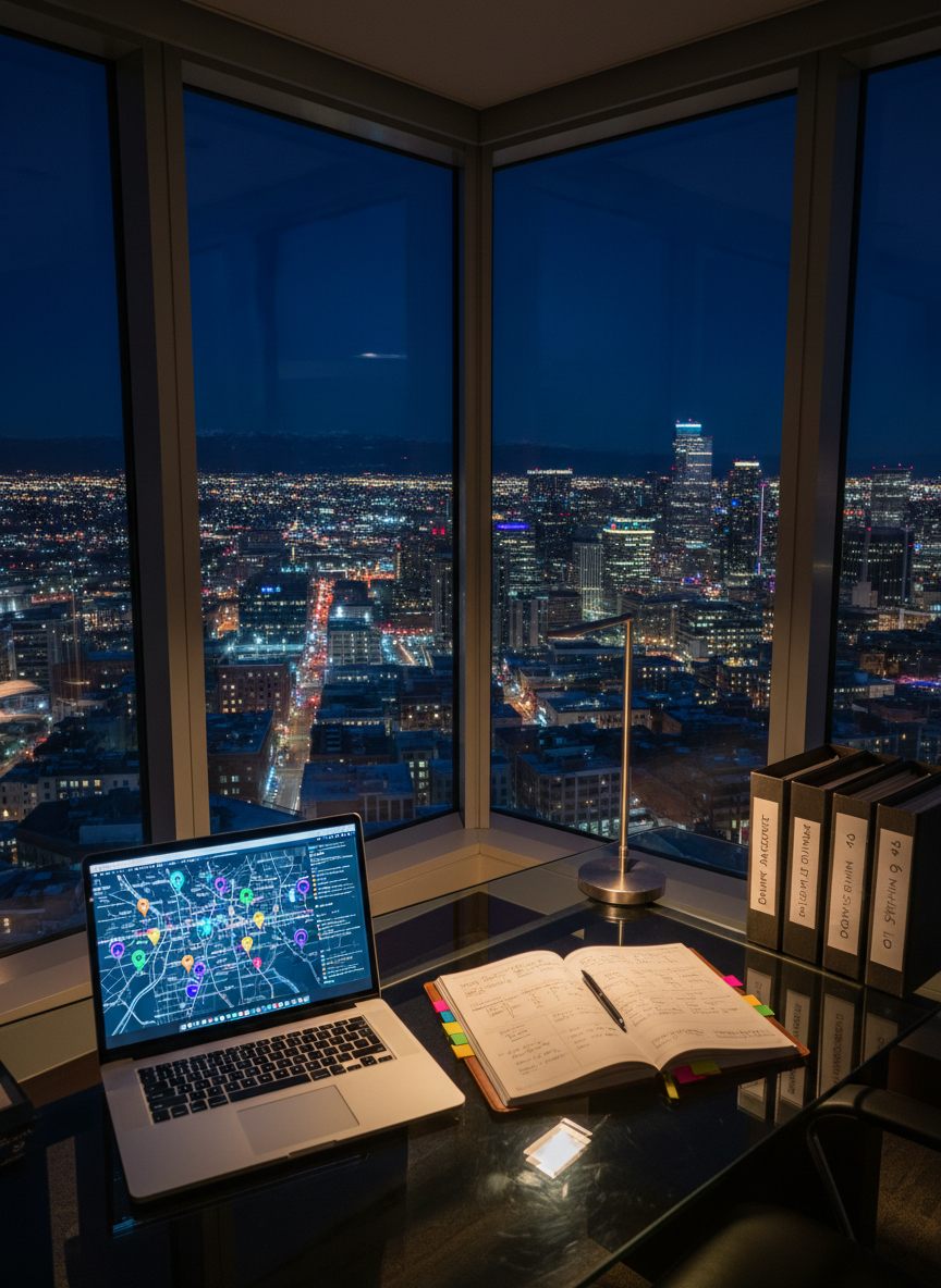 A nighttime scene inside a high-rise corner office overlooking Denver’s illuminated skyline, with a faint silhouette of mountain ridges on the horizon. In the foreground, a large glass desk holds an open laptop showing a map of active recruiting projects across the country, with different colored markers for engineering, architecture, construction, professional services, and IT. Beside it, a thick strategy notebook, a set of neatly aligned sticky flags, and a row of labeled project folders suggest meticulous planning. Warm desk-lamp light creates a focused pool of illumination on the work surface while cooler city lights shimmer outside, reflected in the glass. Photographic realism, shot from a slightly elevated angle with medium depth of field. The mood is dedicated, strategic, and quietly energetic, emphasizing nationwide reach grounded in Denver expertise.