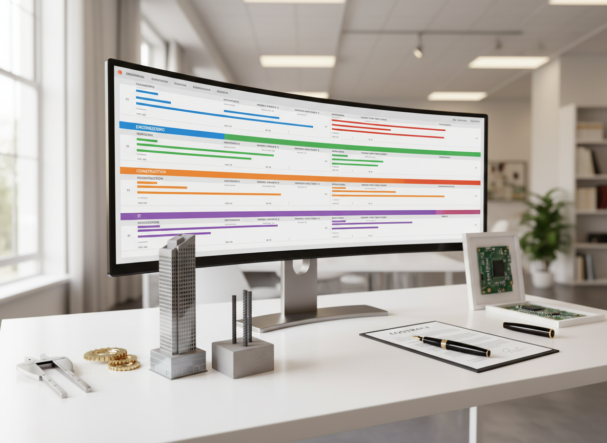 Inside a contemporary consulting workspace, a large ultra-wide monitor on a clean white desk displays a detailed recruiting pipeline dashboard, with color-coded stages and timelines for engineering, architectural, construction, professional services, and IT roles. Around the monitor, neatly arranged tactile artifacts reinforce each specialty: precision calipers and gears, a scale model of a modern office building, a small section of rebar set into concrete, a refined fountain pen atop a contract, and a circuit board segment mounted in a simple frame. Afternoon daylight filters through a nearby window, mixing with soft, indirect overhead lighting to create a balanced, inviting glow. Photographic realism from an eye-level, slightly off-center composition evokes methodical, data-driven consulting and long-term talent partnerships rather than transactional hiring.