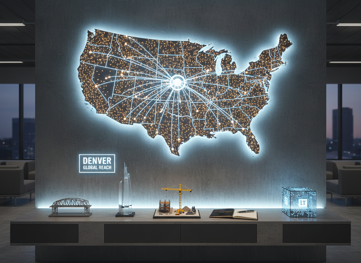 An expansive, wall-mounted digital map of the United States glows gently in a dimmed, modern office, with tiny illuminated nodes radiating from a bright Denver hub and connecting lines reaching coastal cities. Below the map, a long console holds neatly arranged objects: a miniature steel truss bridge model for engineering, a clear acrylic skyscraper for architecture, a small crane model on a construction site diorama, a refined pen-and-notebook set for professional services, and a transparent cube etched with circuit traces for IT. Cool, diffused LED lighting enhances the glass and metal textures. Photographic realism with a slightly elevated angle and medium depth of field. The mood is confident and forward-looking, emphasizing Denver-based expertise and nationwide recruiting impact.