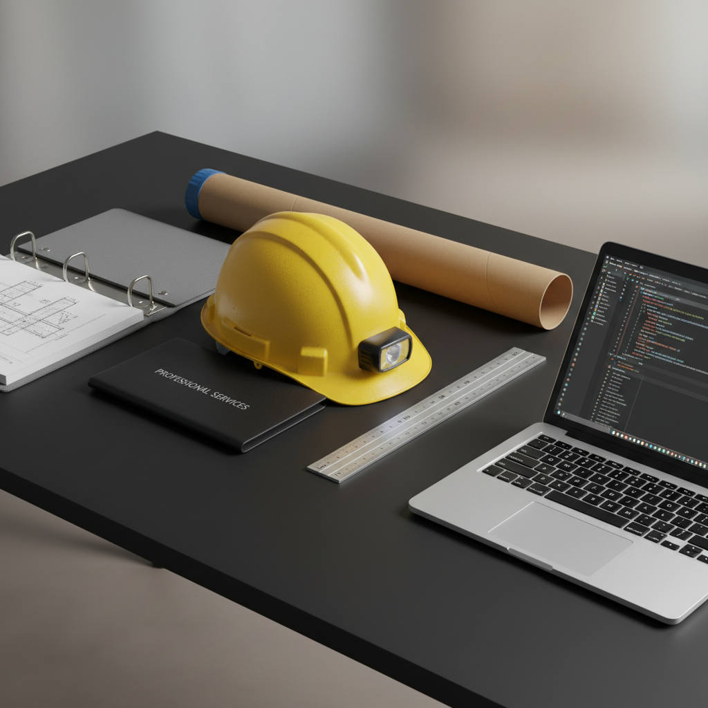 A close-up, photographic shot of a smooth, matte-black desk surface where five distinct portfolios overlap: an engineering project binder with metal fasteners, an architectural tube of rolled plans, a rugged construction hard hat resting beside a ruler, a slim leather folder labeled for professional services, and a sleek ultrabook displaying a luminous code editor for IT talent. Soft studio lighting from the upper left creates gentle highlights on edges and subtle shadows between objects, emphasizing texture and detail. Background elements blur into a calm, neutral gradient, using shallow depth of field. The composition follows the rule of thirds, creating an organized, methodical atmosphere that conveys precise, thoughtful recruiting and consulting across specialized disciplines.